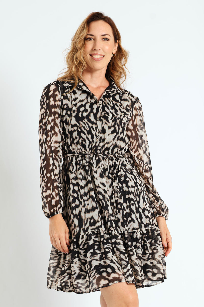 Button Through Tiered Frill Hem Tea Dress - Black/Cream