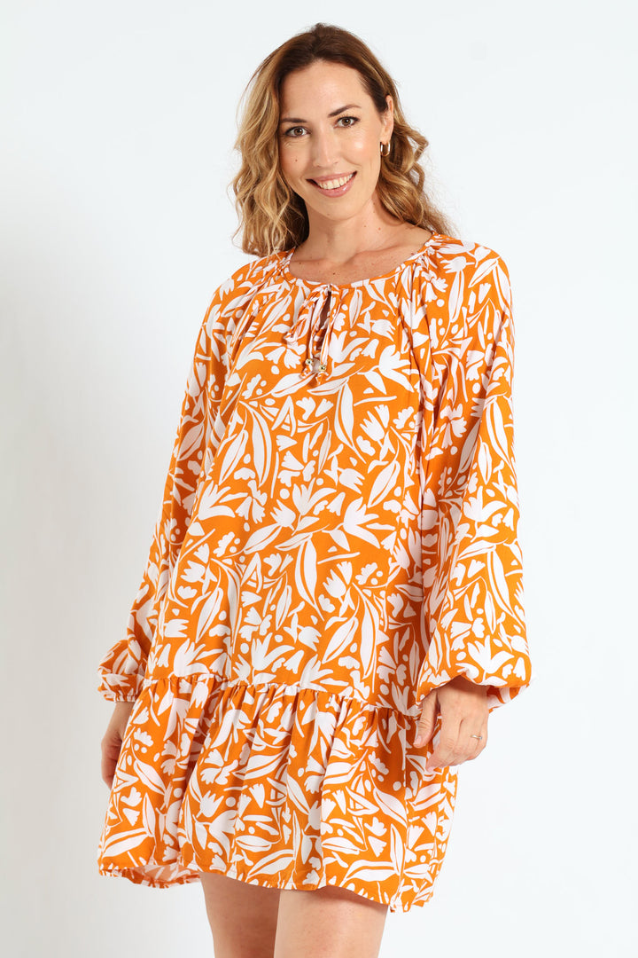 Drop Hem Shift Dress - White/Orange