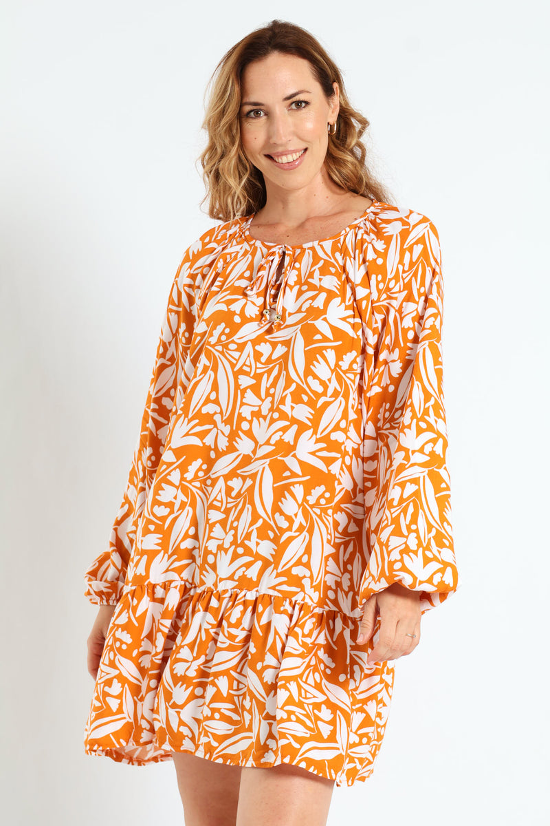 Drop Hem Shift Dress - White/Orange