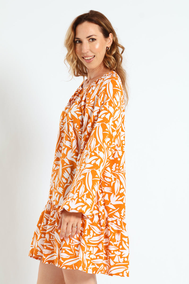 Drop Hem Shift Dress - White/Orange