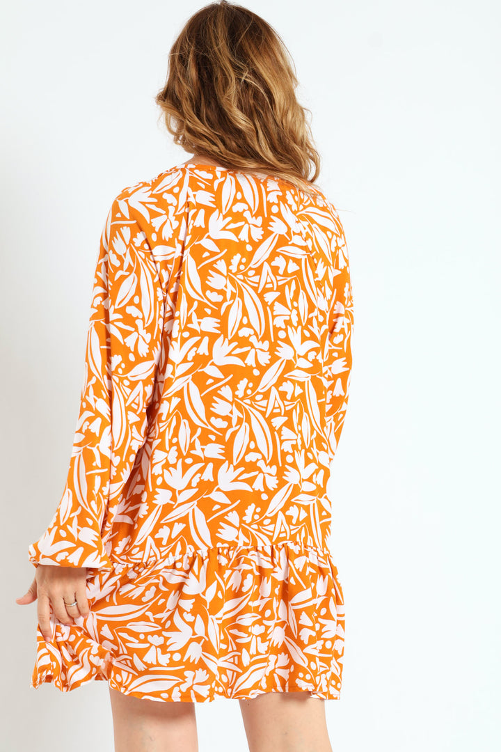 Drop Hem Shift Dress - White/Orange