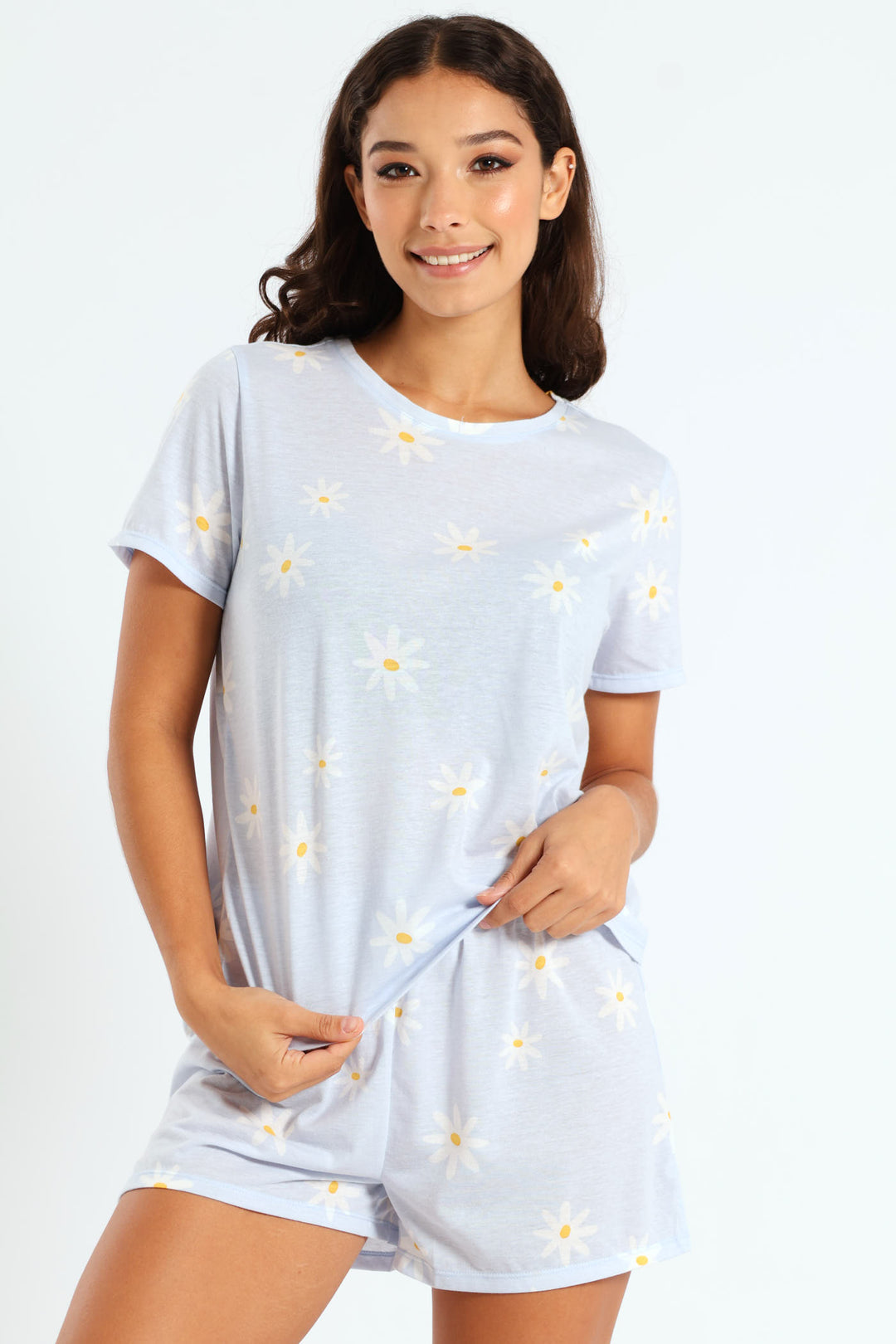 Daisies Tee & Knit Short Set - Light Blue