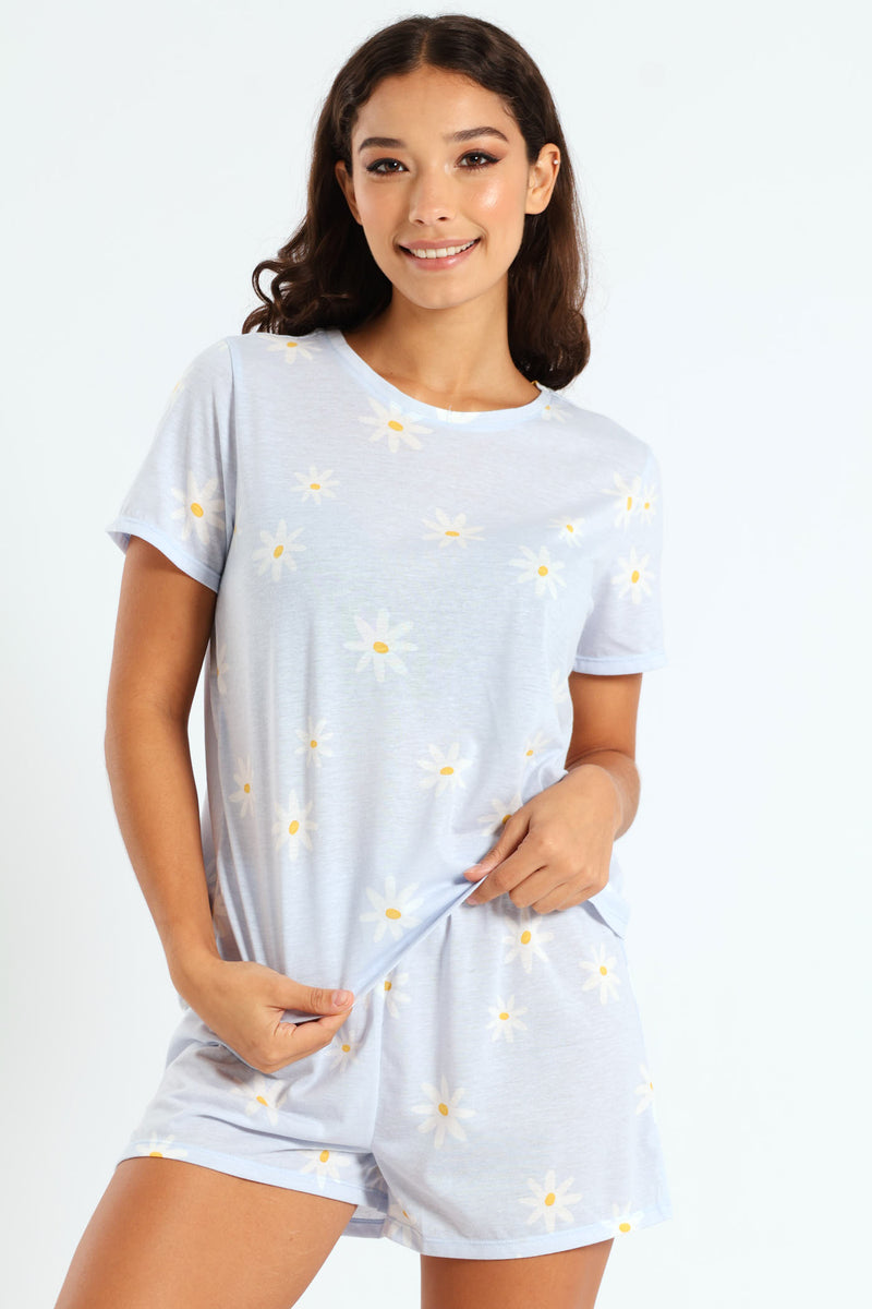 Daisies Tee & Knit Short Set - Light Blue