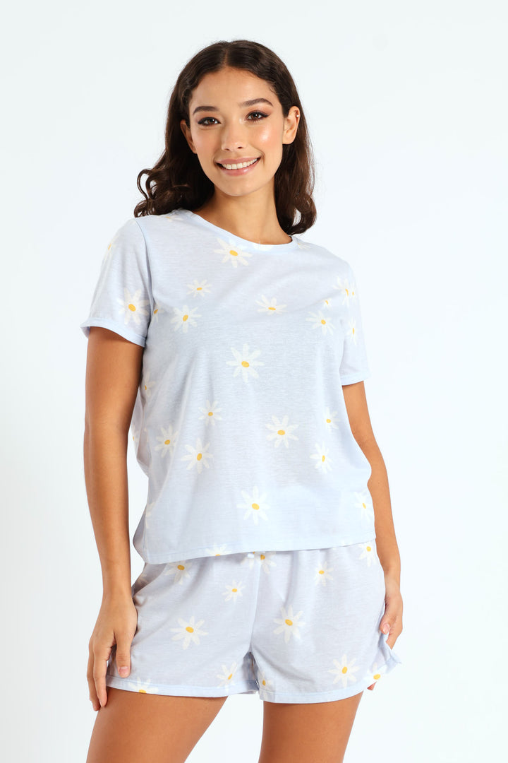 Daisies Tee & Knit Short Set - Light Blue