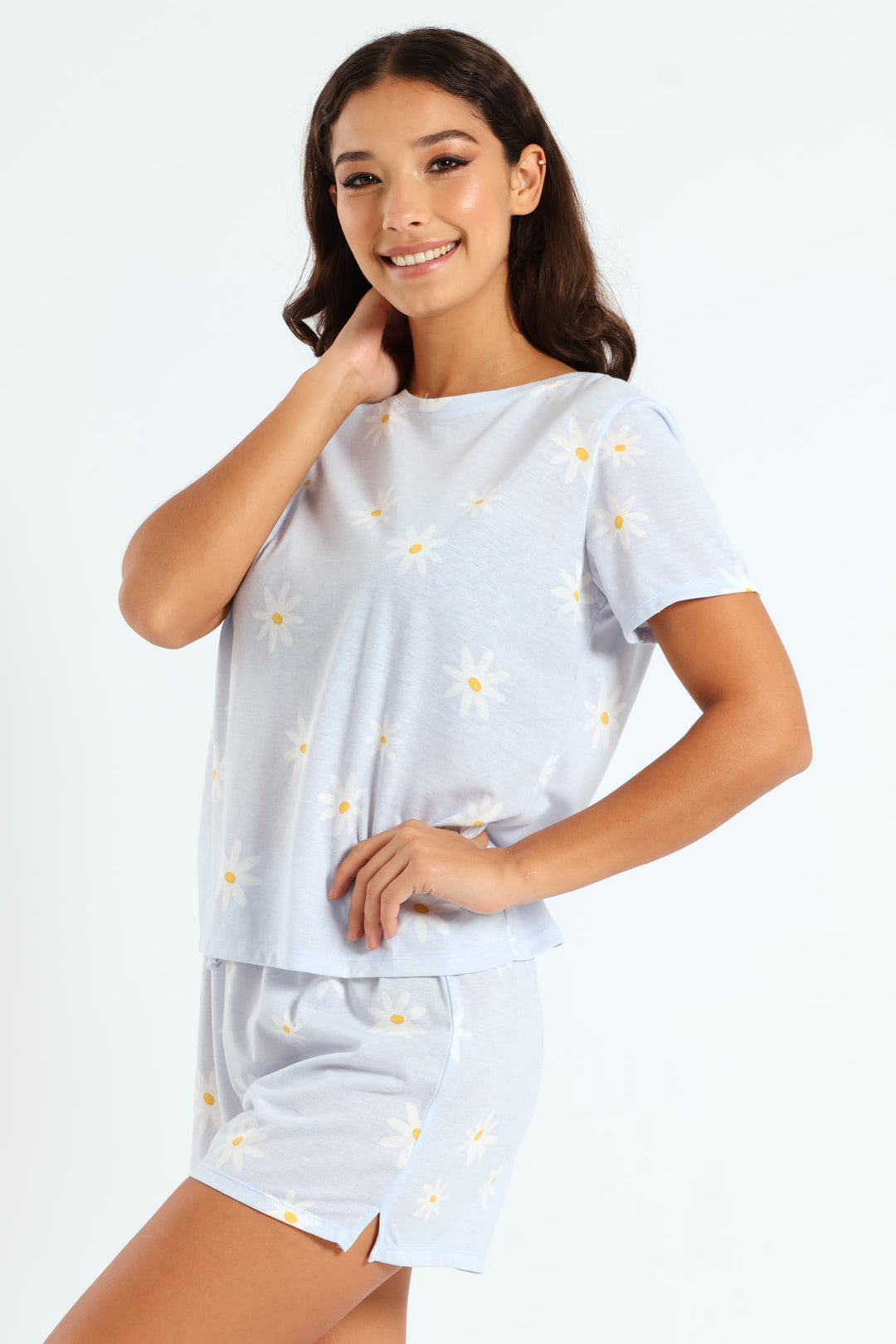 Daisies Tee & Knit Short Set - Light Blue