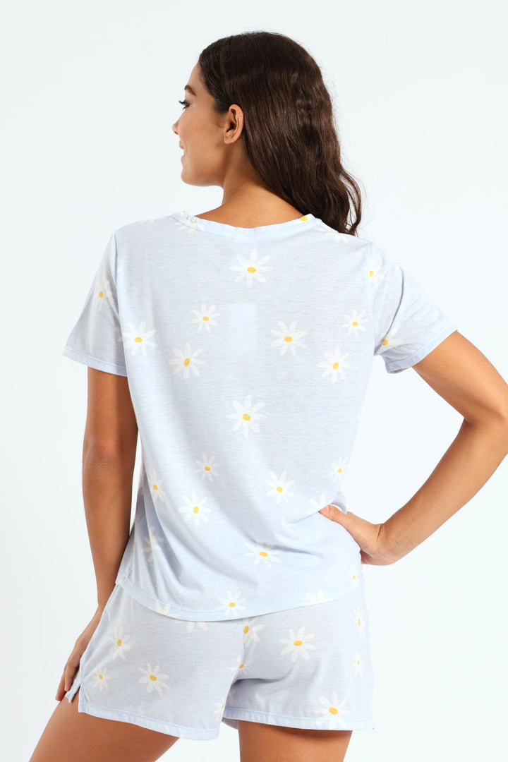 Daisies Tee & Knit Short Set - Light Blue