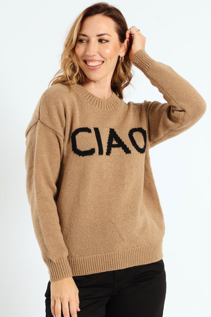 Long Sleeve Ciao Slogan Sweater - Stone