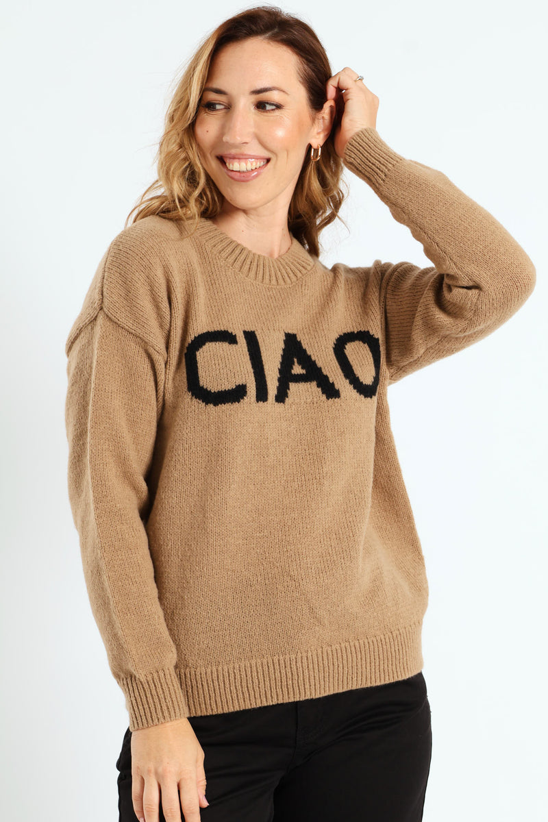Long Sleeve Ciao Slogan Sweater - Stone