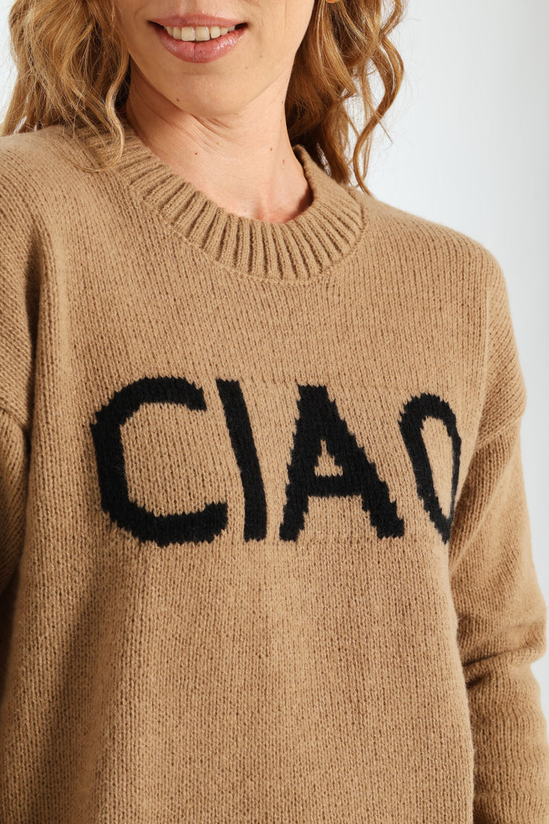 Long Sleeve Ciao Slogan Sweater - Stone