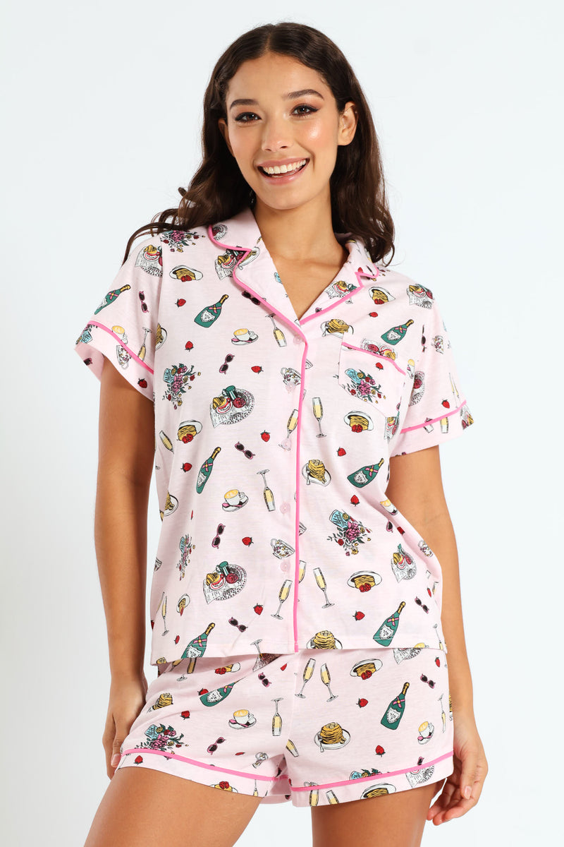 Convo Button Through & Knit Short Set - Pink
