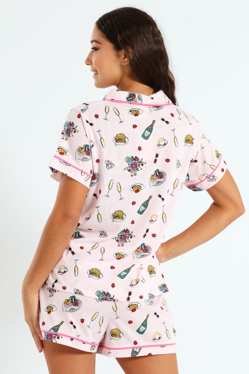 Convo Button Through & Knit Short Set - Pink