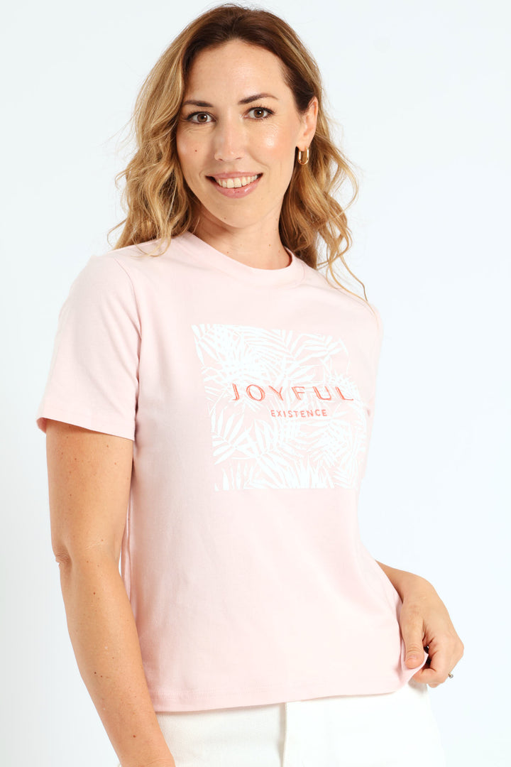 Joyful Leaves Embroidered Boxy Tee - Pastel Pink