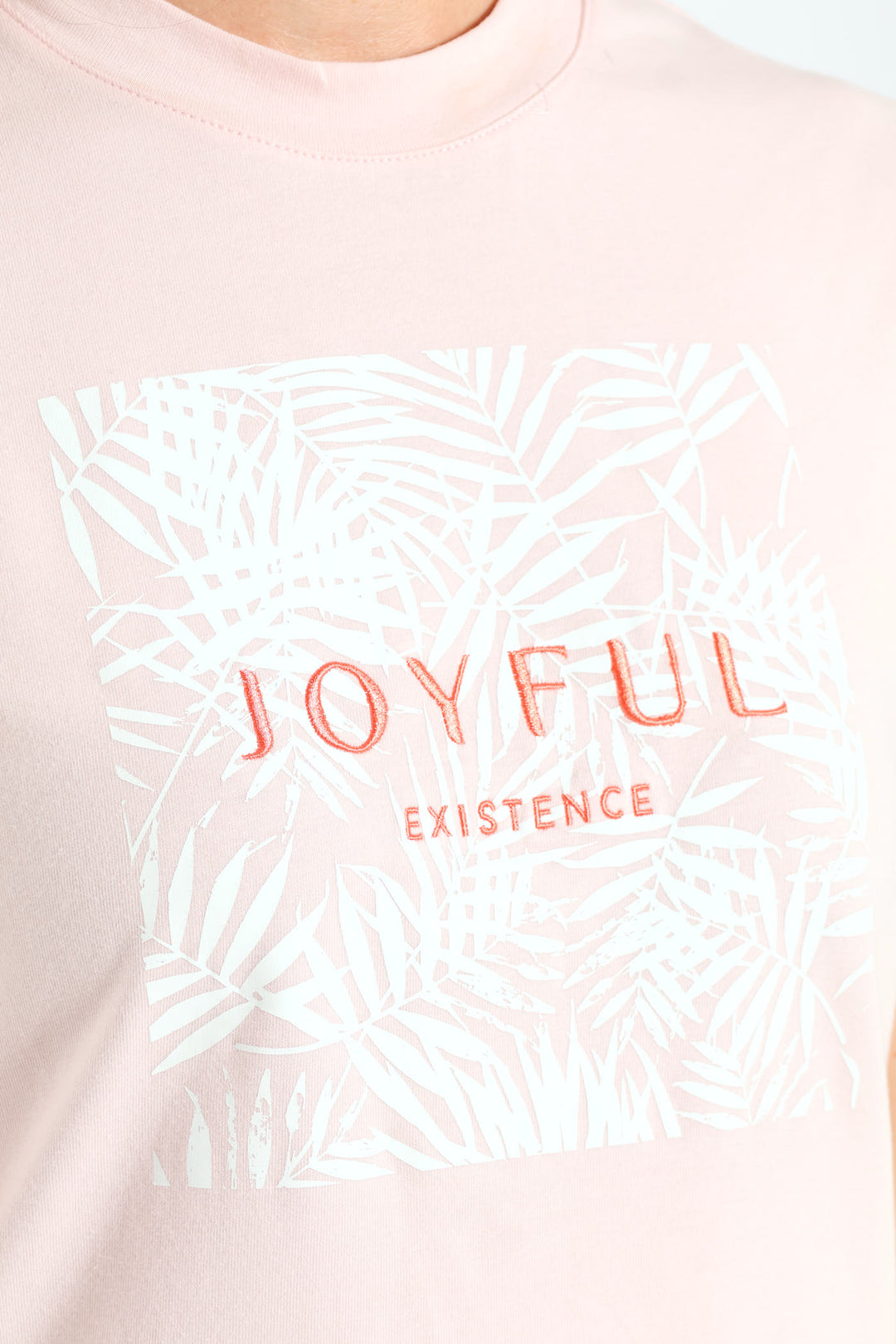 Joyful Leaves Embroidered Boxy Tee - Pastel Pink