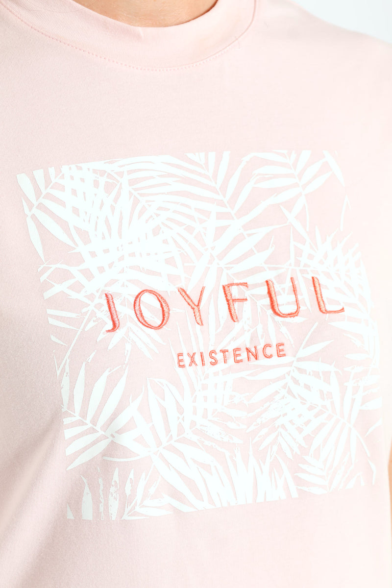 Joyful Leaves Embroidered Boxy Tee - Pastel Pink