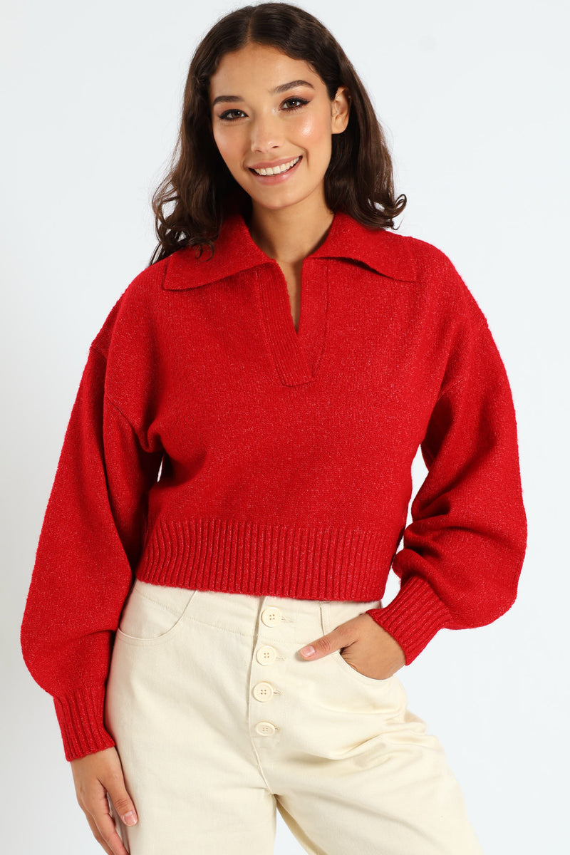 Plain Collar Knitwear - Red