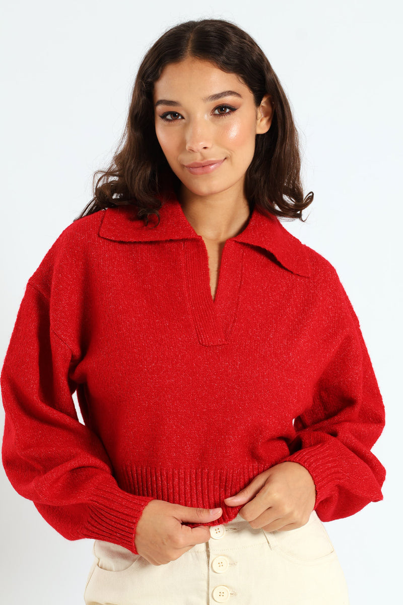 Plain Collar Knitwear - Red