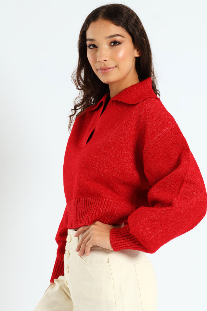 Plain Collar Knitwear - Red
