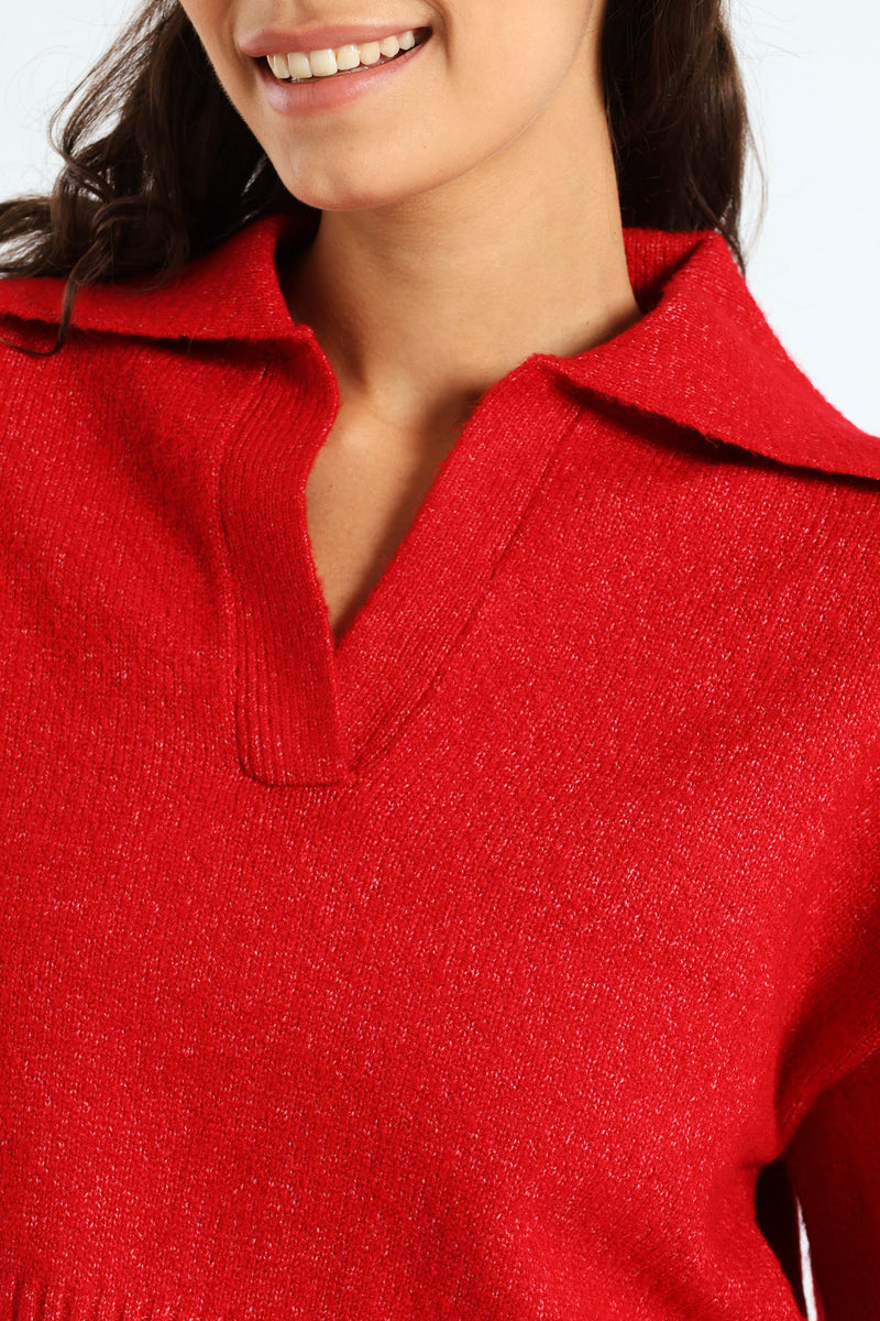 Plain Collar Knitwear - Red