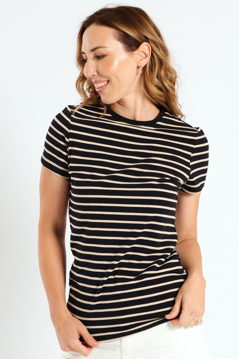 Cotton Lycra Crew Tee - Beige/Black