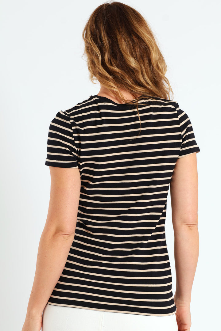 Cotton Lycra Crew Tee - Beige/Black