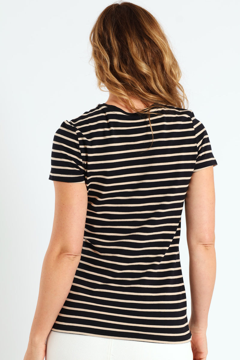 Cotton Lycra Crew Tee - Beige/Black