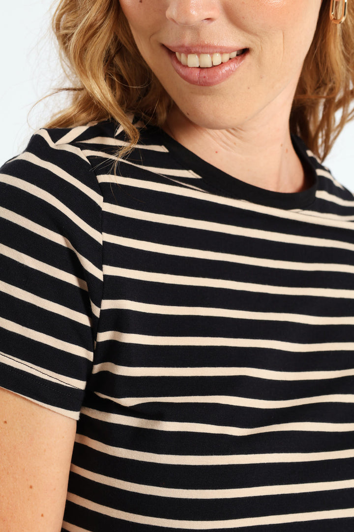 Cotton Lycra Crew Tee - Beige/Black