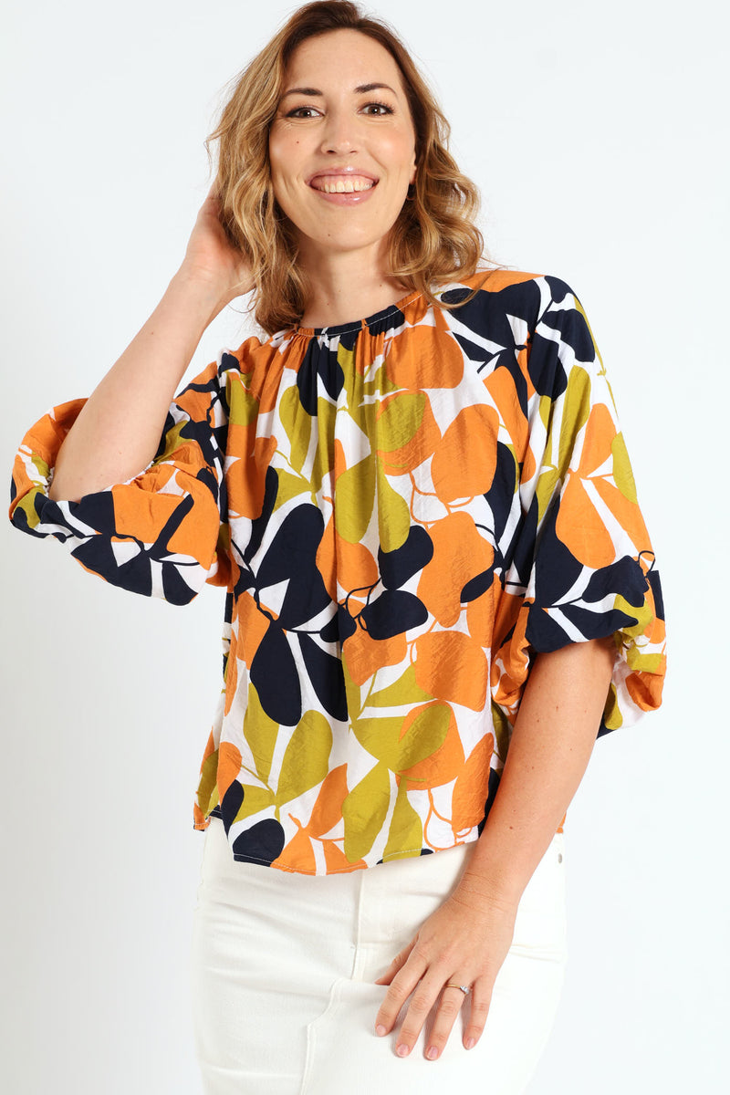 Bubble Raglan Sleeve Printed Blouse - Multi
