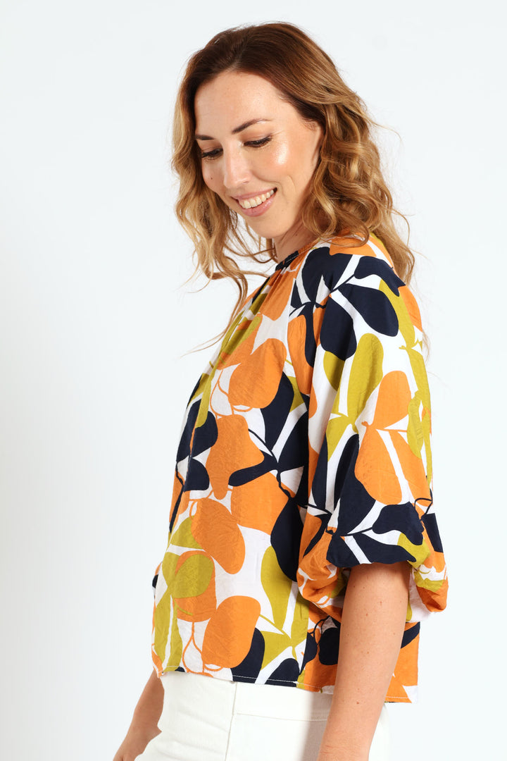 Bubble Raglan Sleeve Printed Blouse - Multi