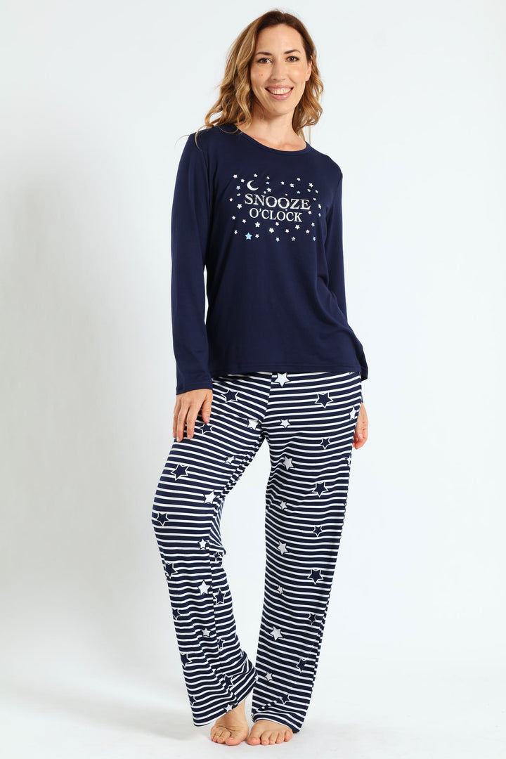Soft Touch Snooze O'clock Long Sleeve Top & Pants Set - Navy