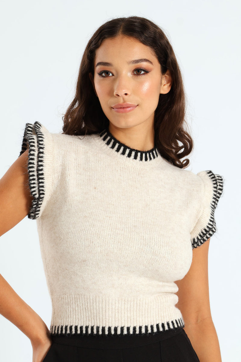 Frill Sleeve Knit Top - Cream