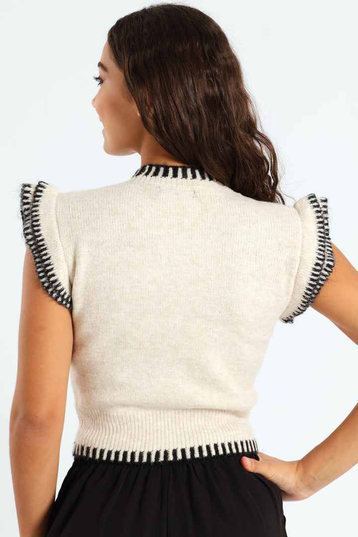 Frill Sleeve Knit Top - Cream