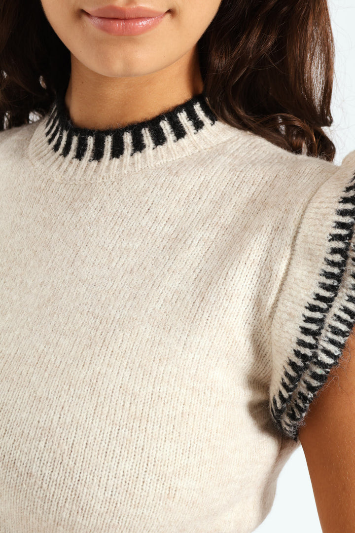 Frill Sleeve Knit Top - Cream