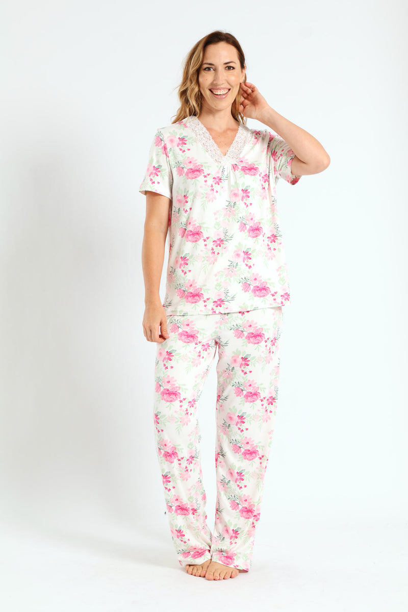 Lace Detail Floral Print Top & Pant Set - White