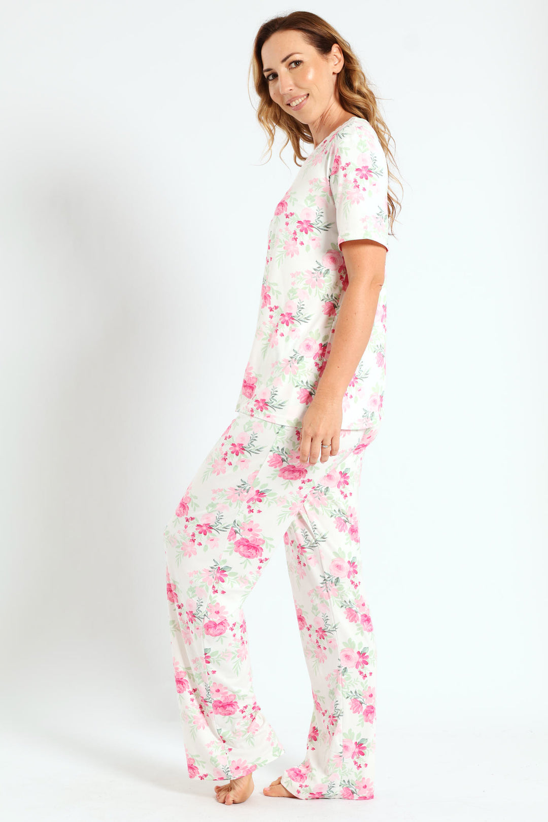Lace Detail Floral Print Top & Pant Set - White