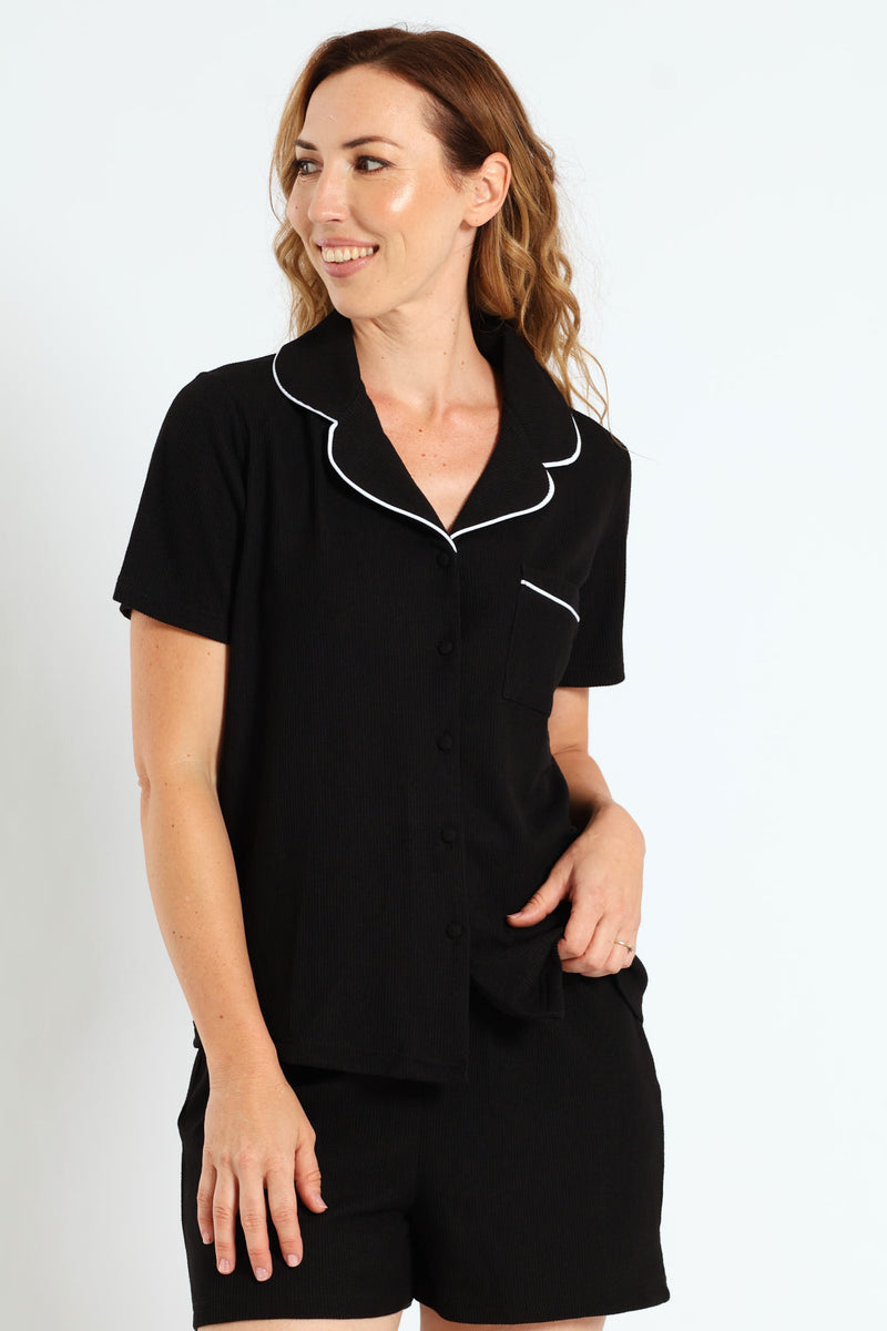 Waffle Button Through & Short Set - Black