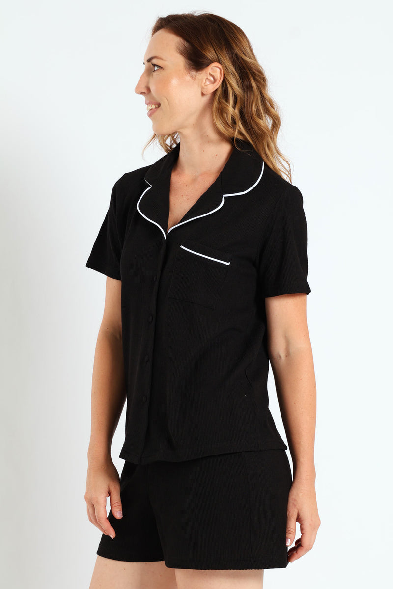 Waffle Button Through & Short Set - Black