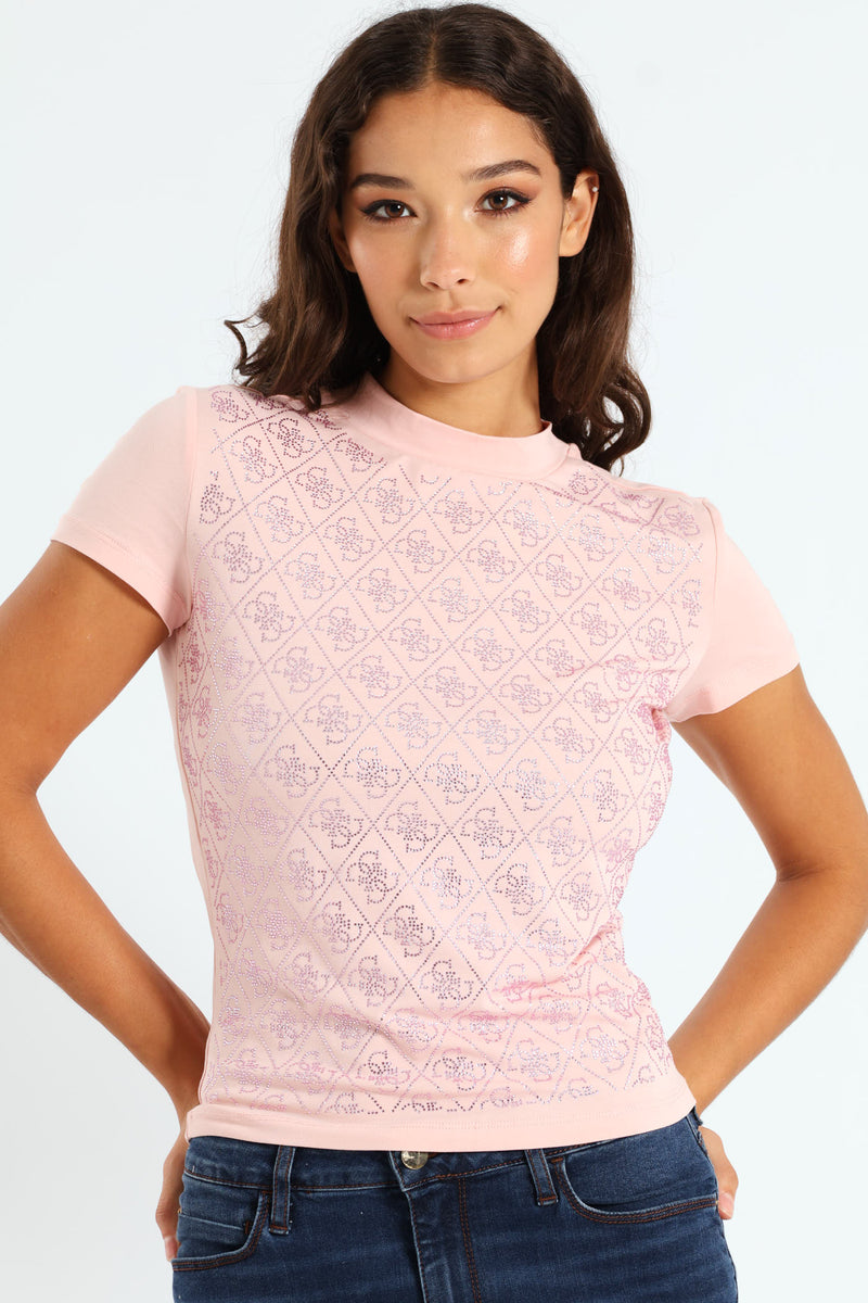 Mock Neck All Over 4G Tee - Pink