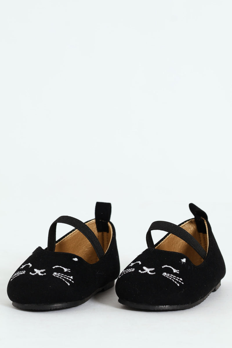 Baby Girls Kitty Embroidered Pump - Black