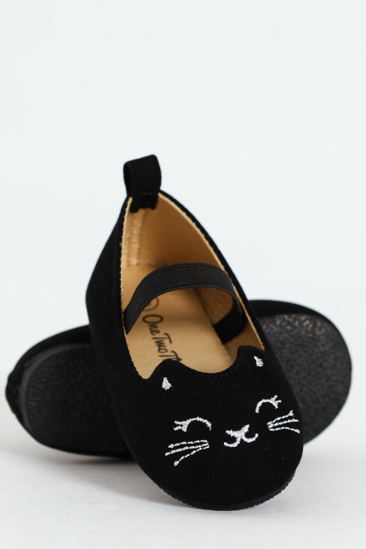 Baby Girls Kitty Embroidered Pump - Black
