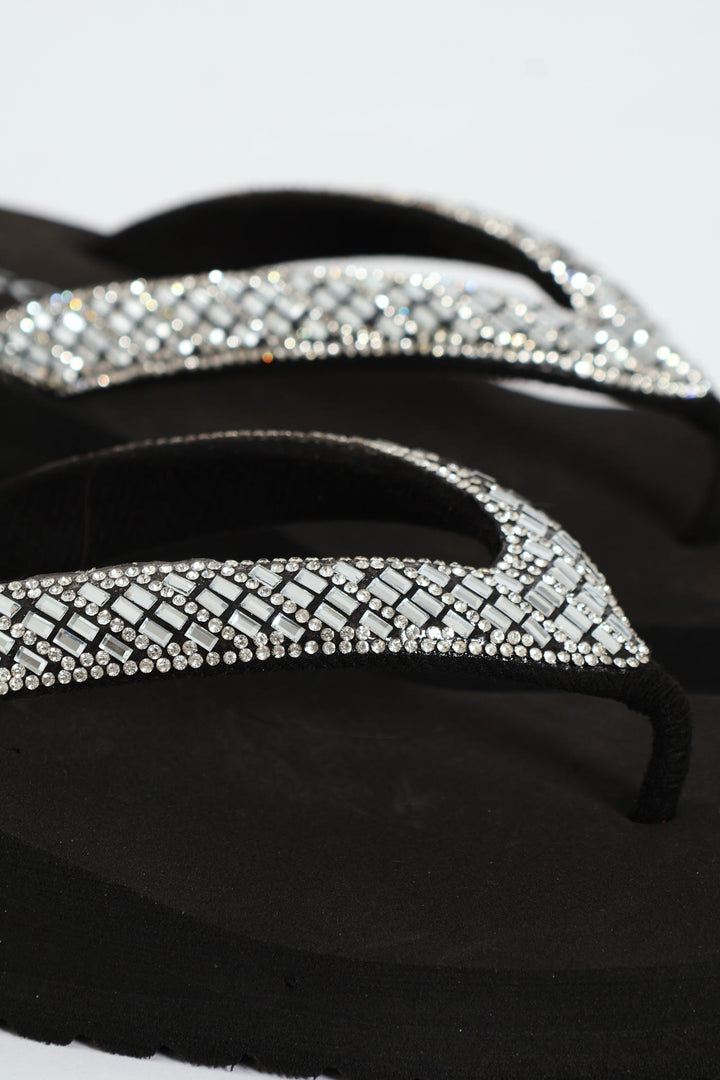 Diamante Puff Strap Thong Sandal - Black