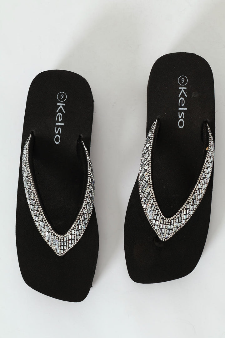 Diamante Puff Strap Thong Sandal - Black