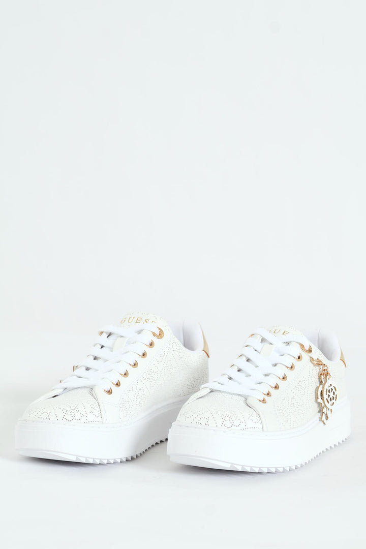 Lazer Cut Monogram Platform Lace Up Sneaker - White