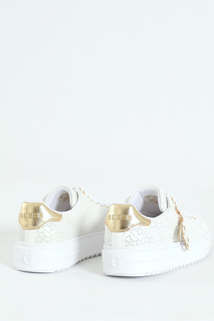 Lazer Cut Monogram Platform Lace Up Sneaker - White