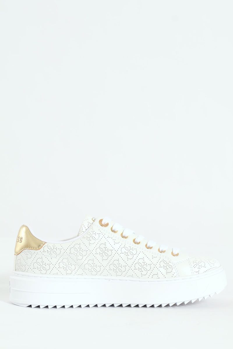 Lazer Cut Monogram Platform Lace Up Sneaker - White