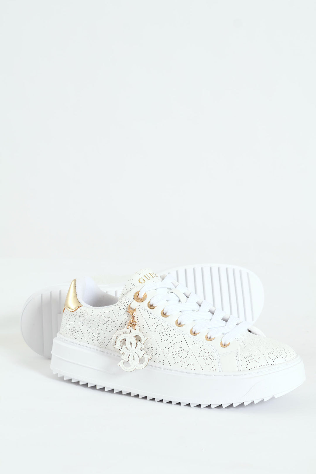 Lazer Cut Monogram Platform Lace Up Sneaker - White