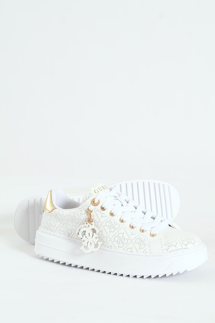 Lazer Cut Monogram Platform Lace Up Sneaker - White