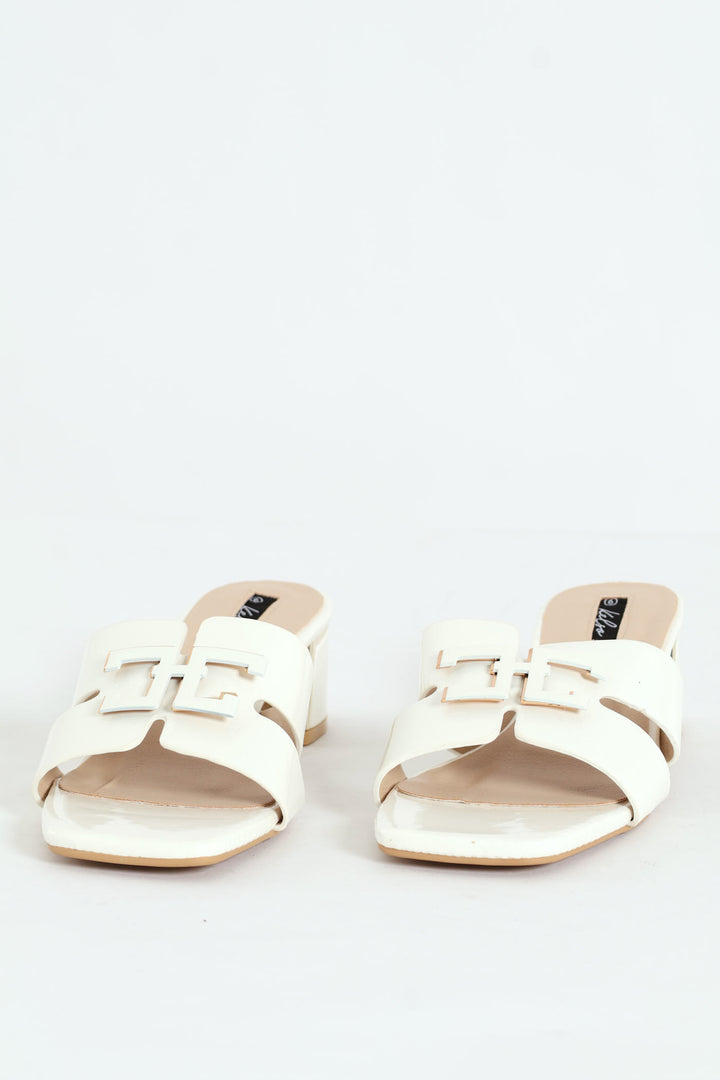 Metal Insert Mule Heel With Wide Vamp & Trim - White