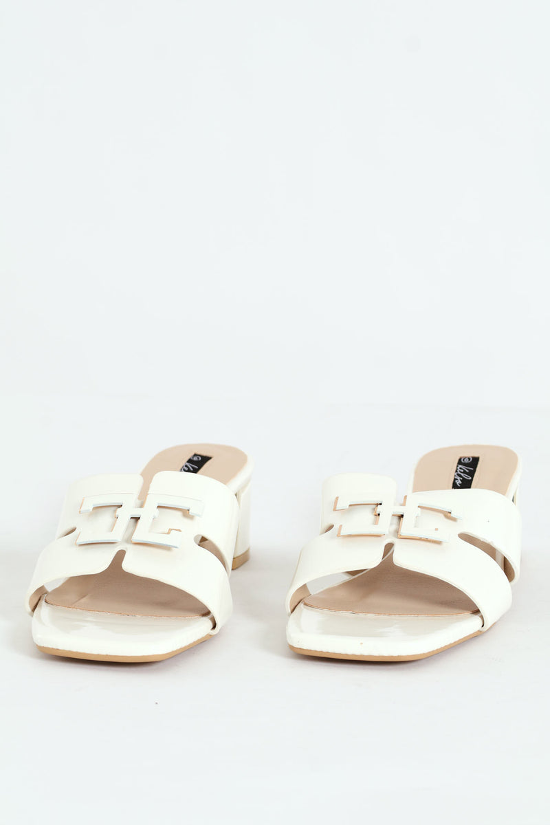 Metal Insert Mule Heel With Wide Vamp & Trim - White