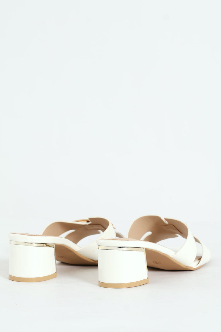 Metal Insert Mule Heel With Wide Vamp & Trim - White