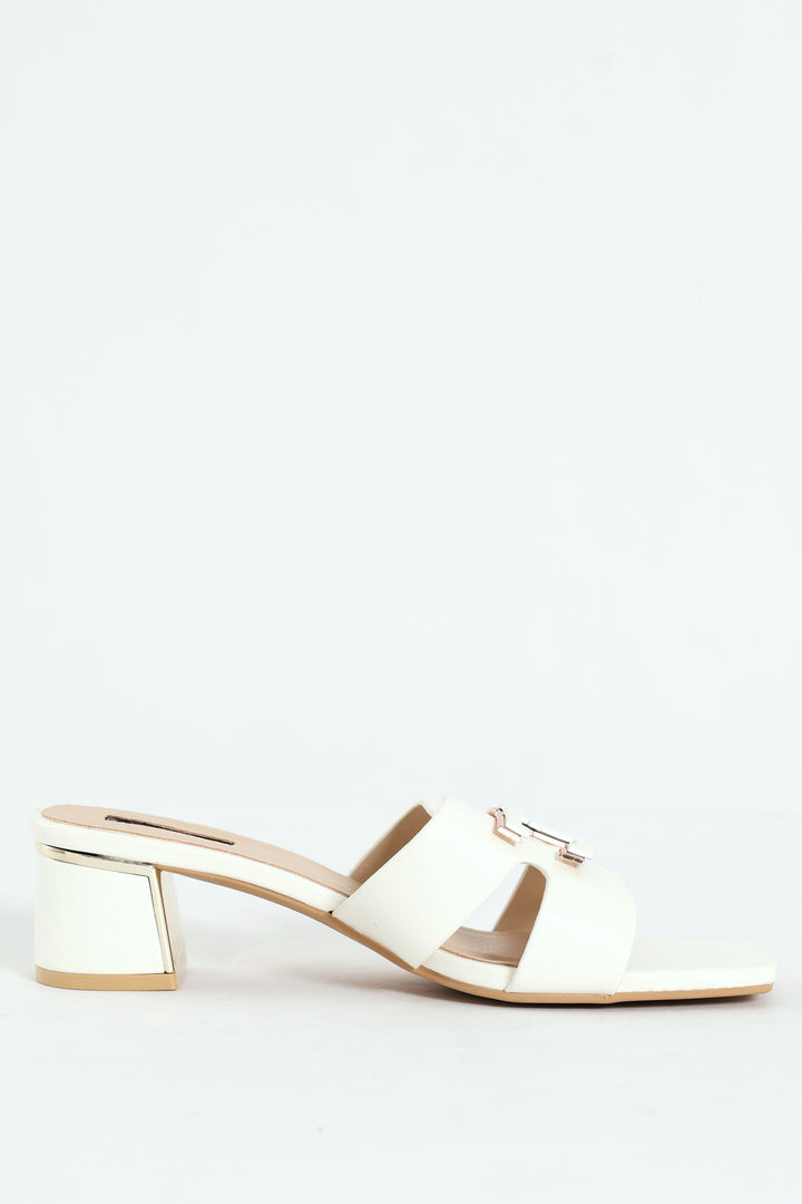 Metal Insert Mule Heel With Wide Vamp & Trim - White